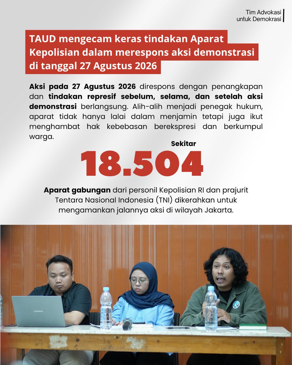 LBH_Jakarta's tweet photo. Aksi pada 27 Agustus 2026 direspons dengan penangkapan dan tindakan represif sebelum, selama, dan setelah aksi demonstrasi berlangsung. Alih-alih menjadi penegak hukum, aparat tidak hanya lalai dalam menjamin tetapi juga ikut menghambat hak kebebasan berekspresi dan berkumpul https://t.co/LokzKzpwfE