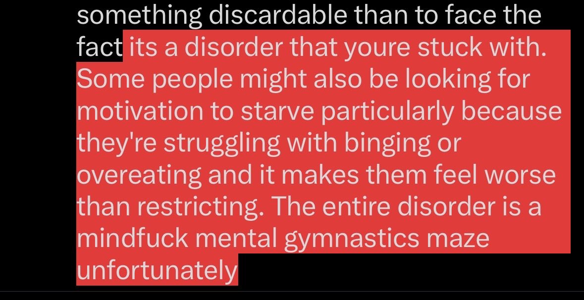 pearlescentwolf's tweet photo. @cupcakes4cals i want to get worse because i was emotionally neglected and dismissed my entire life. And the ideas/motivation, though the wording is weird, it might be a coping mechanism for people to deal with the disorder. it's easier to treat it as something discardable than to face the fact https://t.co/s4mzz61iLC