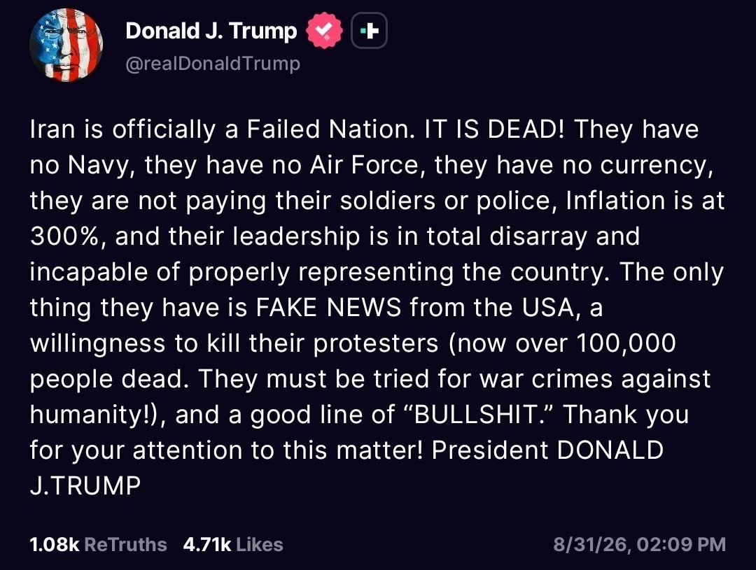 Glenn_Diesen's tweet photo. Trump is beating the drums of war again, and he has further inflated the number of killed protesters to now over 100,000. https://t.co/r2mV3FZit0