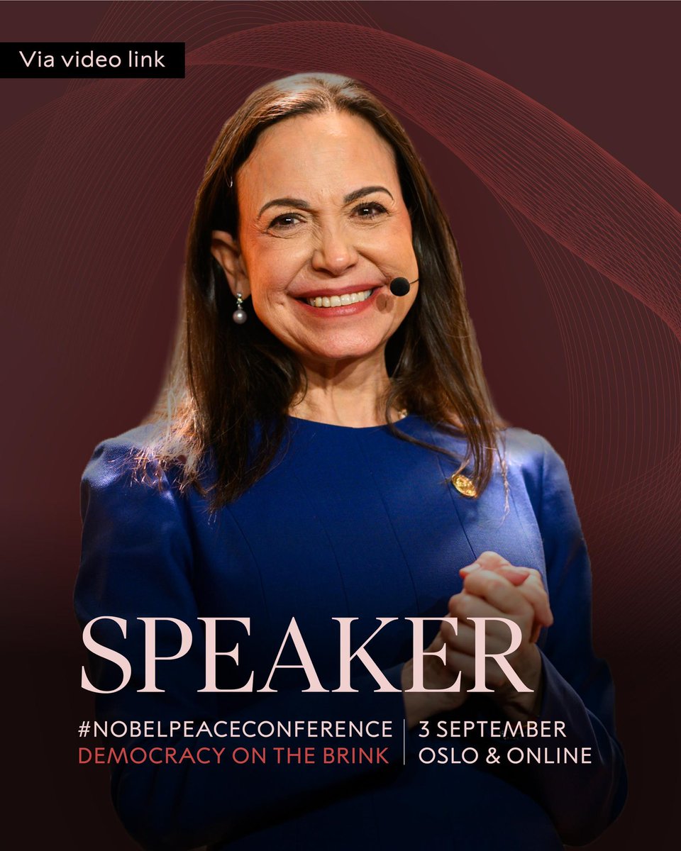 MundoConVzla's tweet photo. Maria Corina Machado, Premio Nobel de la Paz 2025 participará vía streaming en el foro “Democracy on the Brink” del Nobel Peace Center 🕊️

Este 3 de Septiembre en Oslo, Noruega 🇳🇴 Enlace al sitio web con programa e información: https://t.co/HYbZ55h6UF 

#NobelPeaceConference https://t.co/hTXMbKIbYQ