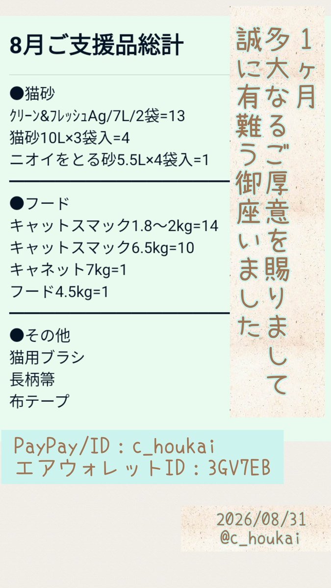 c_houkai's tweet photo. 2026/08/01〜31
1ヶ月、多大なるご厚意を誠に有難う御座いました。目立った病気や外傷も無く猫達は無事に元気に過ごせております。いつも本当に有難う御座います。どうか最後まで猫達を見守っていただけますと幸いです。
https://t.co/MfqbvBlpTL
━━━━
経緯 https://t.co/Sh3gVmRvQT https://t.co/VfCJpqYdqu