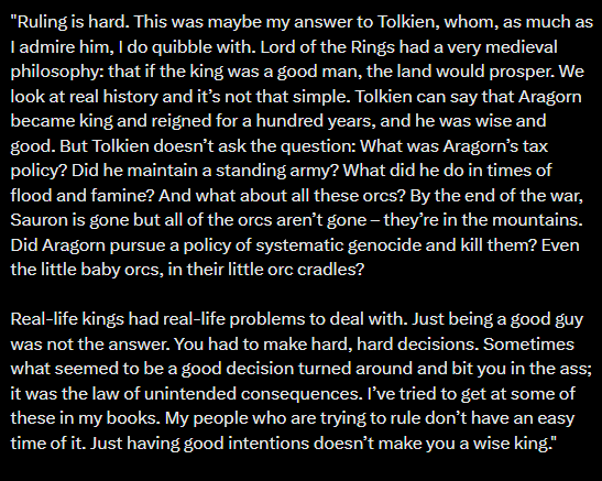 FifteethChance's tweet photo. @Longswordwife Okay, I am not saying YOU don't know, but a lot of people apparently don't (it's an extremely tired meme):

Martin wasn't Cinemasinsing Tolkien, and he wasn't literally asking that, he was broadly noting that what interest him as a writer, is the question of what Good King means. https://t.co/ptNFCOU1Rv