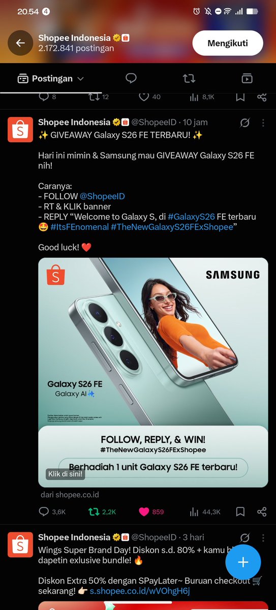 ppawyaw's tweet photo. @ShopeeID Bissmillah, kalau rezeki engga kemana

Welcome to Galaxy S, di #GalaxyS26 FE terbaru 🤩 #ItsFEnomenal #TheNewGalaxyS26FExShopee https://t.co/TekzAkMOtV