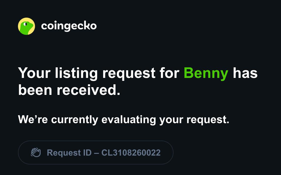 bennyrbh's tweet photo. Just submitted our request to list $BENNY on @CoinGecko 🦎

🎫 Request ID: CL3108260022 https://t.co/hXL80ThSmh