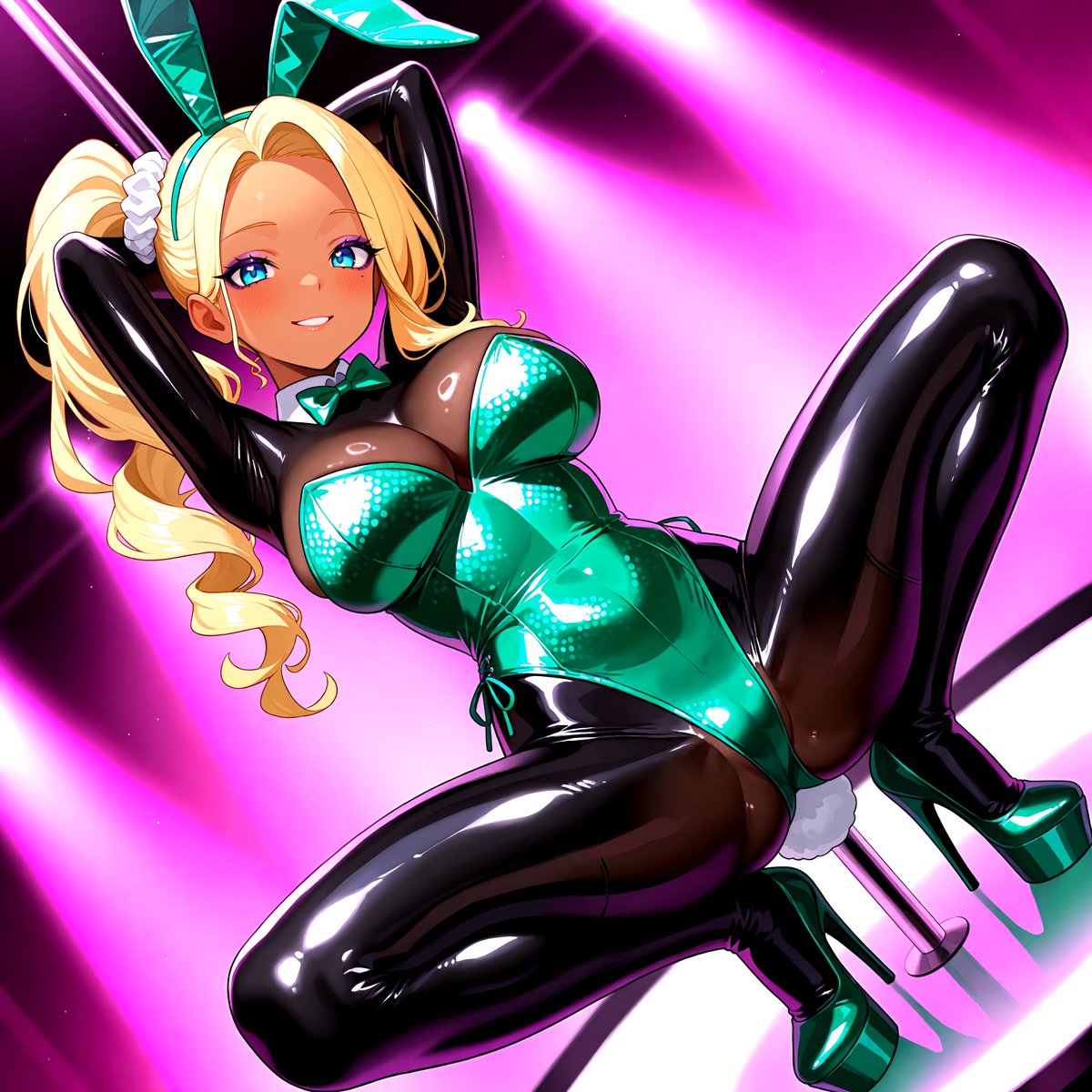 moeno_AI's tweet photo. AIイラスト｜光沢バニーガール

今週もスタート！元気にいこーねっ✨

Neon Emerald Energy for the New Week. 💚✨

#AIart 
#latex
#AIイラスト  
#bunnygirl https://t.co/g3bztiHaeX
