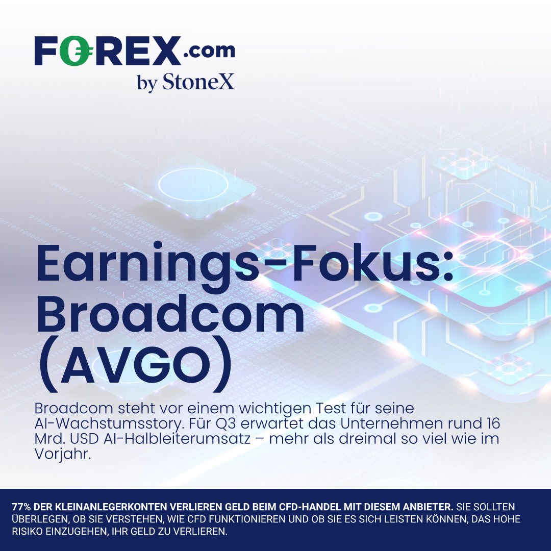 FOREXcomDE's tweet photo. 🧠 Bei #Broadcom reicht ein einfacher Earnings-Beat möglicherweise nicht aus. Entscheidend wird, ob die Nachfrage nach kundenspezifischen AI-Chips und Networking-Lösungen der Hyperscaler weiter so stark wächst und der Ausblick die hohen Markterwartungen rechtfertigen kann. Broadcom selbst stellt für Q3 rund 29,4 Mrd. USD Gesamtumsatz in Aussicht.

#Earnings #AVGO #AI #Semiconductors #Nasdaq #Trading