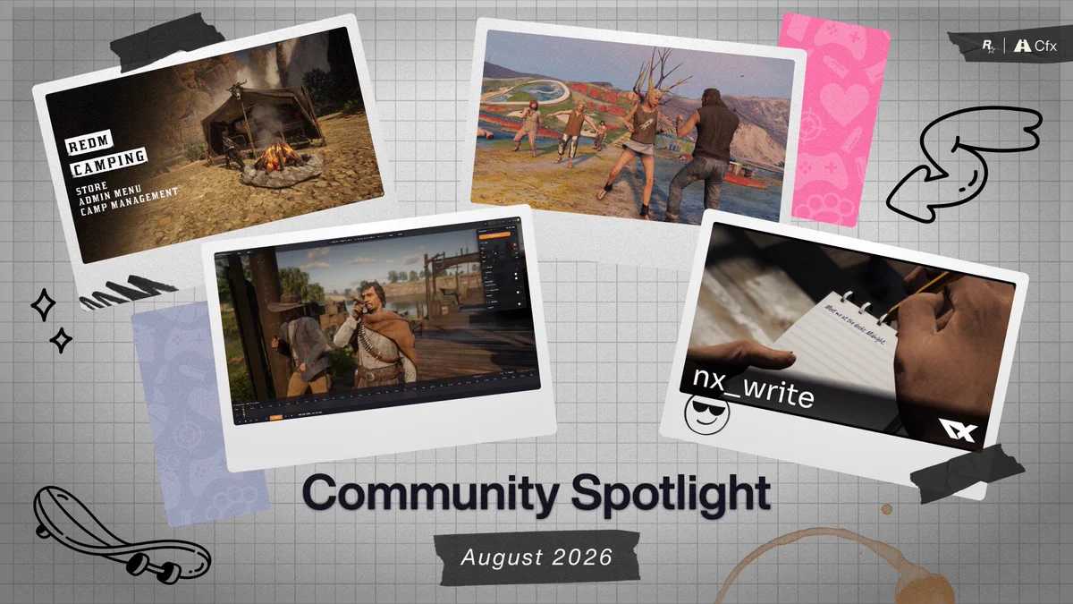 Rockstar Games and Cfx.re Community Spotlight poster with four images featuring various scenes from GTAV and Red Dead Redemption 2. Text reads: \"Community Spotlight. August 2026\"