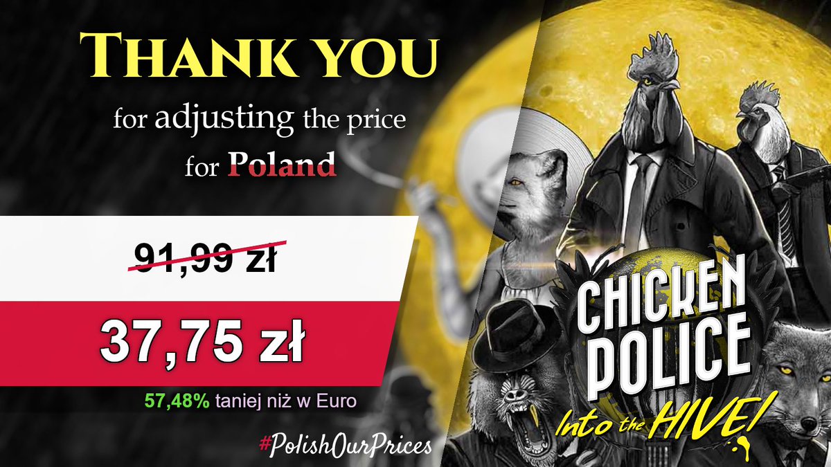 PolishOurPrices's tweet photo. Opowieść utrzymana w gęstym sosie noir, gdzie dwóch detektywów... Z głowami kurczaków, muszą rozwiązać intrygę z podziemnego świata owadów.

Gra otrzymała regionalizację cenową - w przypadku ceny w PLN, regularna cena spadła aż o 59%

Thank you @ChickenPoliceG 
What about first instalment in the series? 😉 

#PolishOurPrices