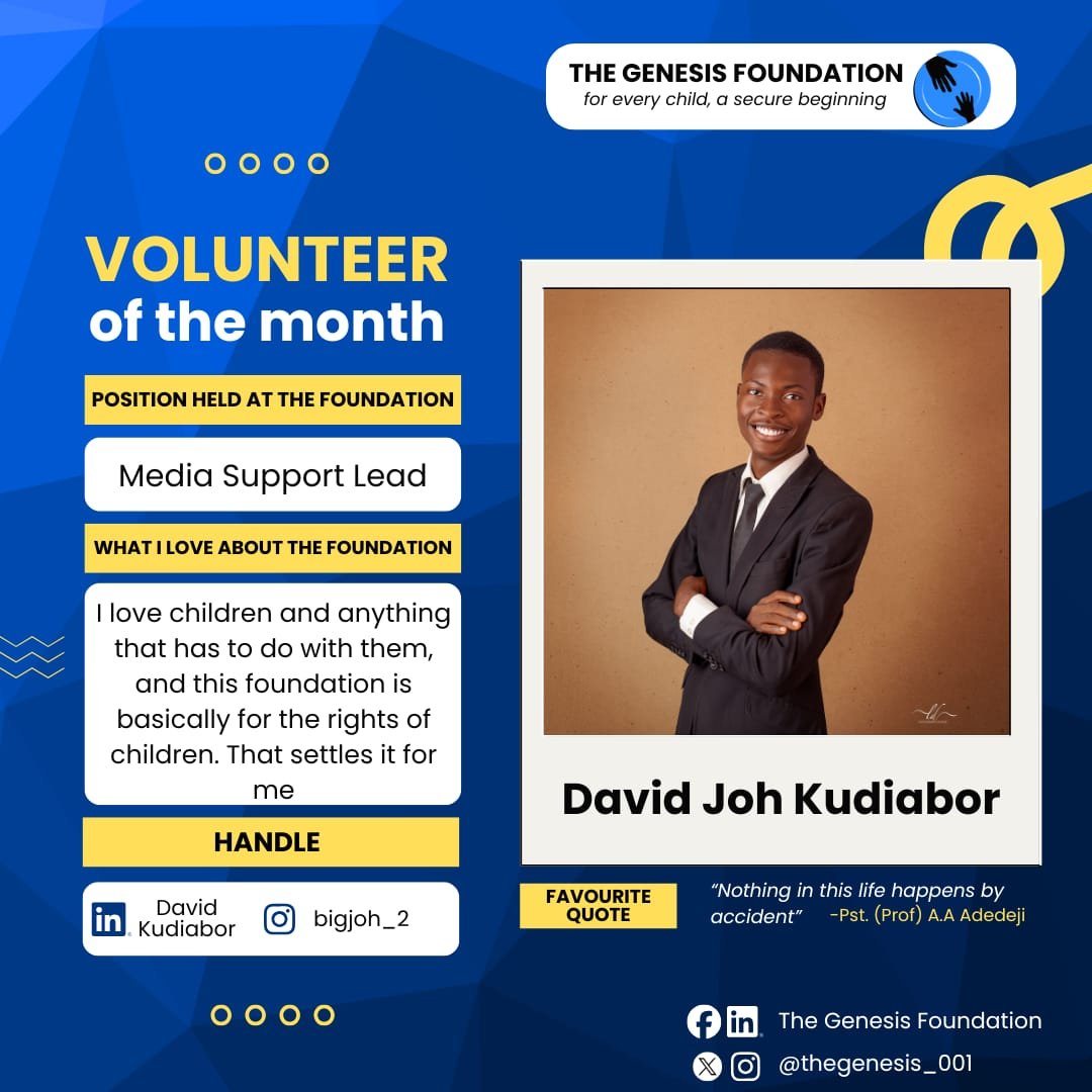 TheGenesis_001's tweet photo. 🌟 VOLUNTEER OF THE MONTH | AUGUST 🌟

This month, we celebrate David Joh Kudiabor, our Media Support Lead, for his valuable contribution to the Foundation and his dedication to advancing our work for children. https://t.co/rZ7VZrm3za