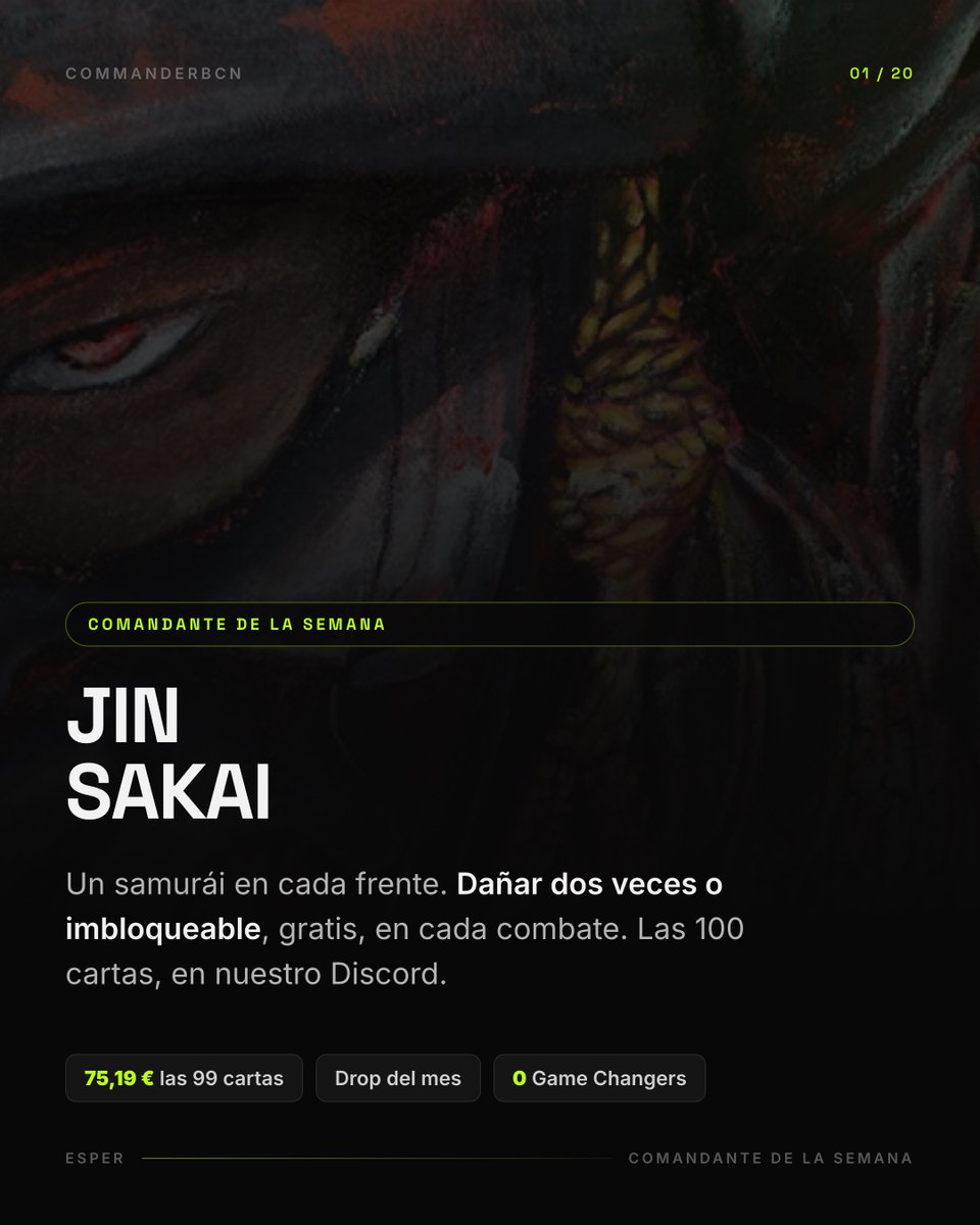CommanderBCN's tweet photo. Jin Sakai, Ghost of Tsushima: un mazo Esper que no gana solo por daño. Gana porque roba cuatro cartas más por turno que el resto de la mesa.

75,19 € las 99 cartas. Hilo con el mazo entero. https://t.co/y0TSG8akch