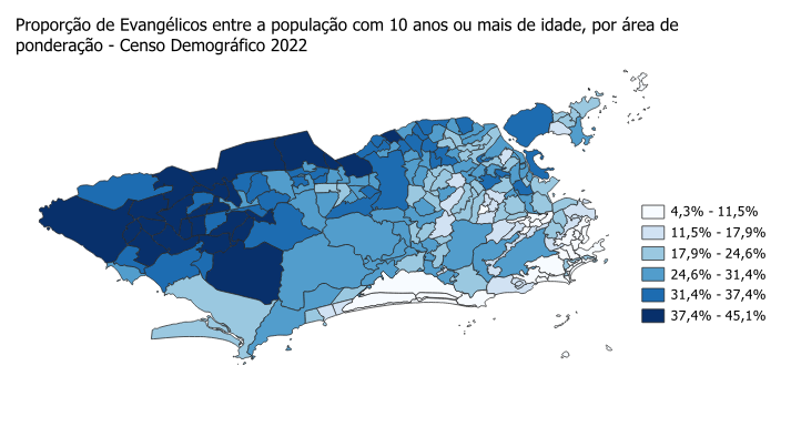 BrunoMandelli's tweet photo. Sairam os microdados, shapes das areas de ponderação e resultados por área do Censo 2022. Agora da pra fazer umas coisas tipo esse mapa. 
A proporção de evangélicos nos bairros do Rio varia entre 45% em Santa Cruz e 4% no Leblon. https://t.co/cm1iT64rhn
