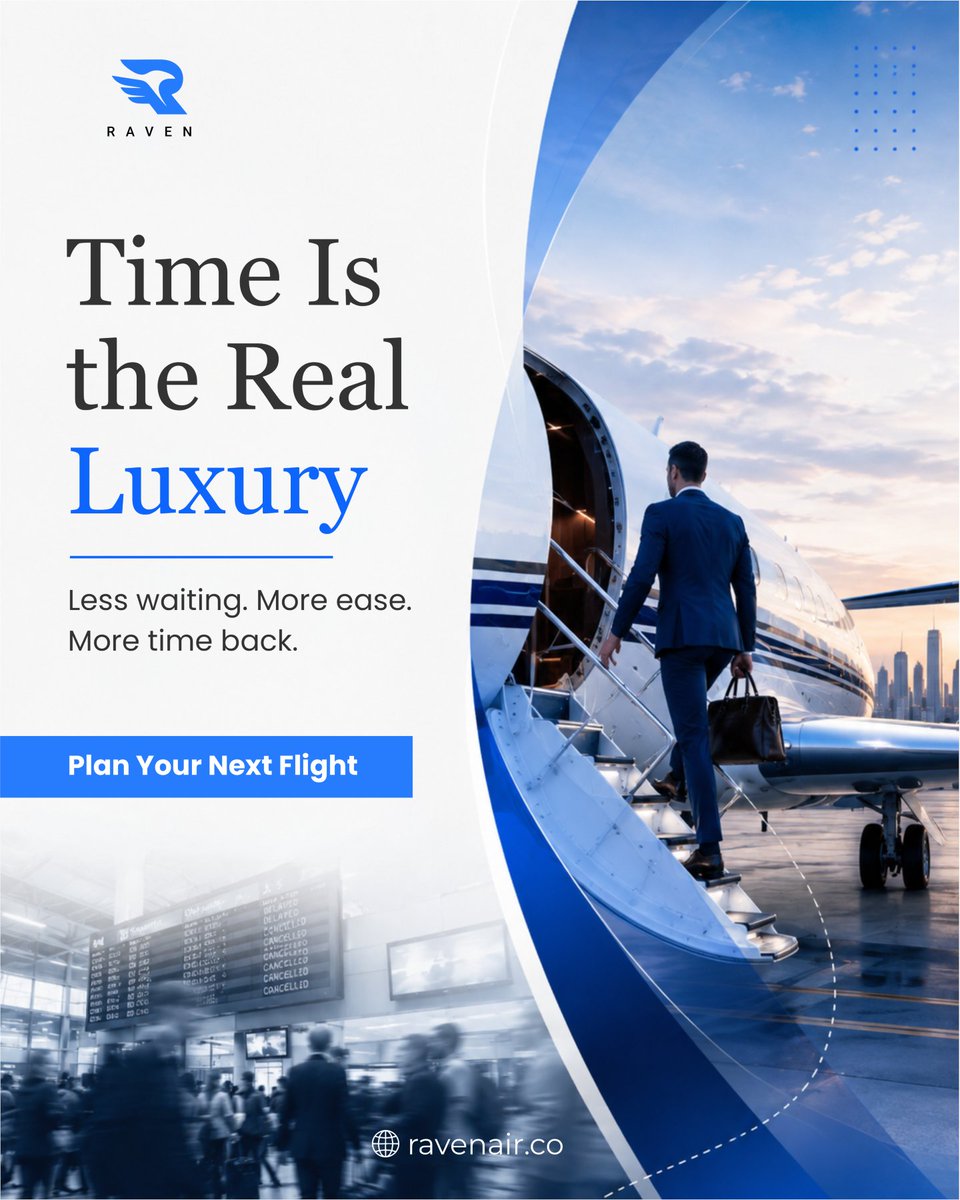 Ravenmobilityco's tweet photo. Time isn’t just money it’s the ultimate luxury. ⌛✈️✨ 

Raven gives you hours back by bypassing long airport check-ins, crowded terminals, and unpredictable delays. Experience smooth boarding, private lounge access, and a travel experience designed to honor your schedule from start to finish. 💼🛩️ 

What would you do with 2 extra hours saved on every trip?👇 Drop your answer below! 

Ready to stop wasting hours at the terminal? 
🚀 Claim your time back and plan your next flight at https://t.co/wHqFYRoOIt 

(time luxury, semi-private travel, executive flight, airport hassle free, luxury aviation) 

#ravenair #semiprivateflying #luxuryaviation #executivetravel #jettravel