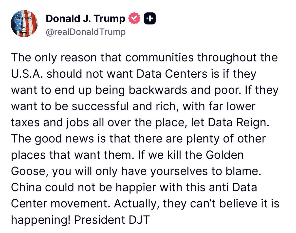 amitisinvesting's tweet photo. TRUMP:

- THE PEOPLE WHO ARE AGAINST DATACENTERS WANT TO BE POOR

- CHINA COULD NOT BE HAPPIER WITH THIS ANTI DATACENTER MOVEMENT https://t.co/Ao30rLohWR