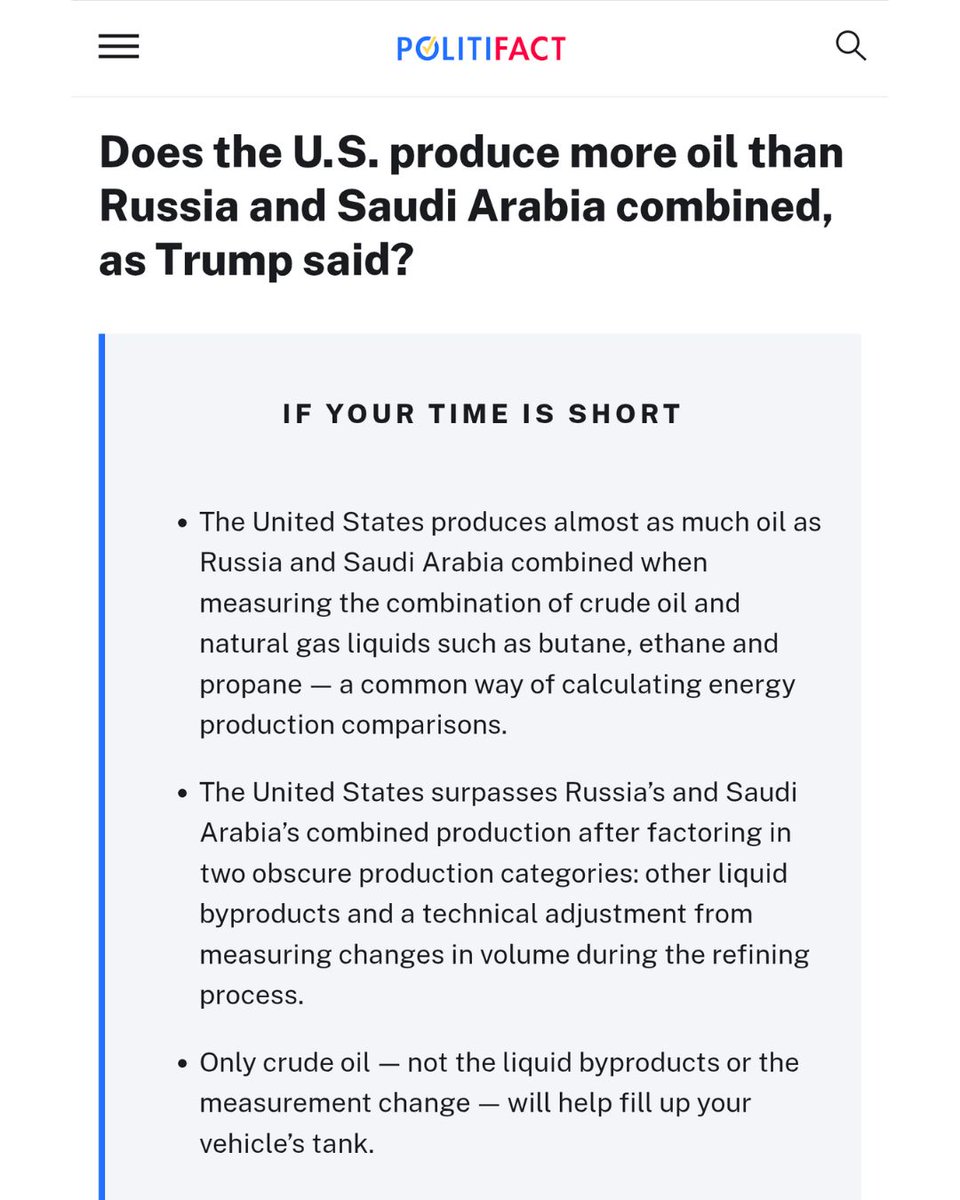 UKRfactcheck's tweet photo. PolitiFact:
Trump said, "We are right now producing more oil than Saudi Arabia and Russia combined."

He’s right when measuring the combination of crude oil and related liquids.

PolitiFact rates the statement Mostly True. https://t.co/fnurguflMw