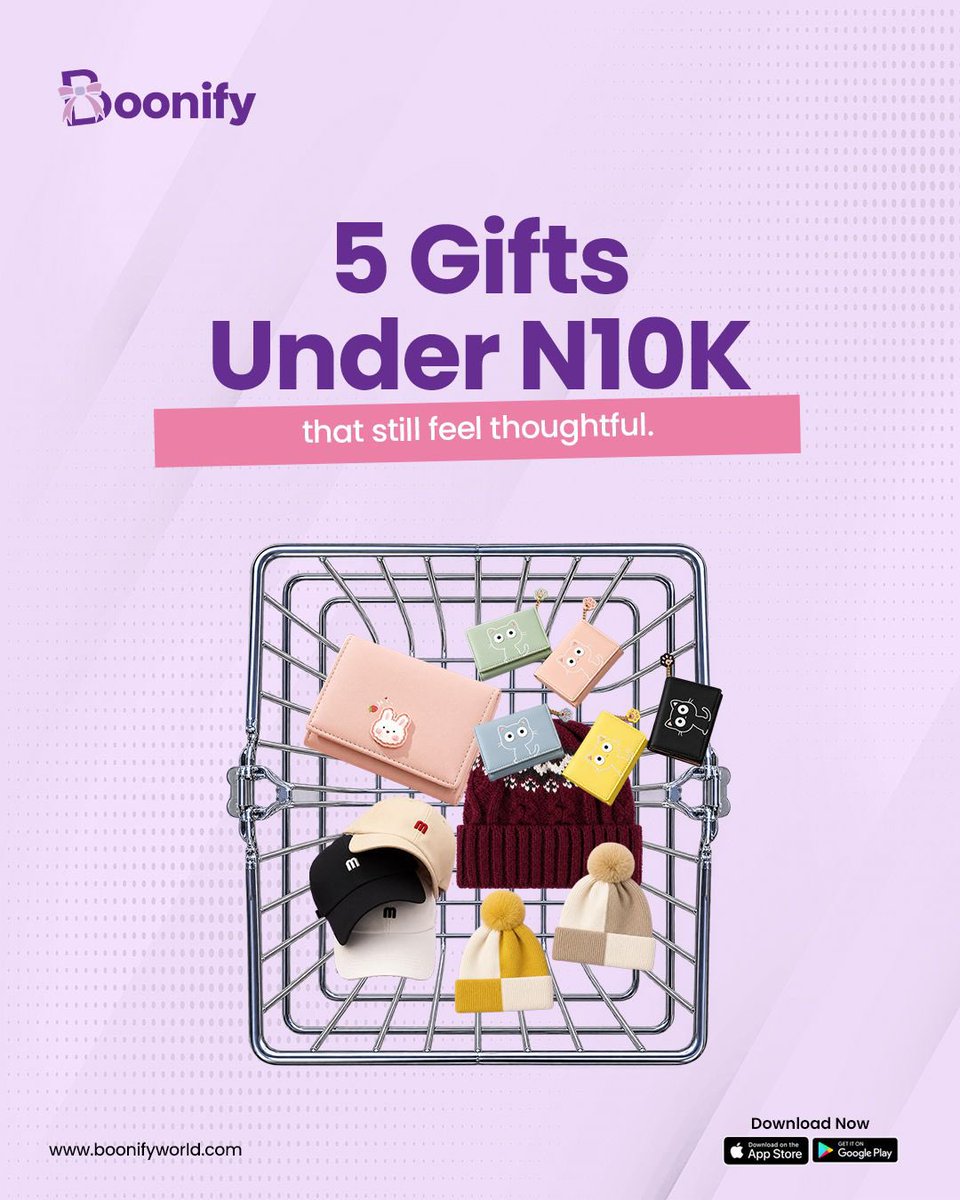 BoonifyWorld's tweet photo. Being thoughtful is not by budget, please. ₦10K can still do something very cute. 🫵🏾

Which of these are you getting for your person? 

And if you don’t have Boonify yet, you’re missing out on thoughtful gifts, personalised cards, gift reminders for important dates, and so much more. 💜

Download the app and use code BOON to get 2k off on your it first order. ✨

#Boonify #GiftIdeas #SayItWithBoonify #GiftsUnder10K