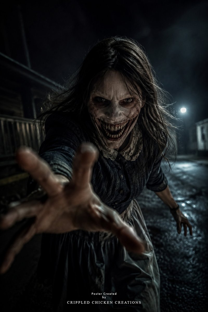 ChickenCrippled's tweet photo. FROM CREATURE

Prompt: Create an ultra-realistic cinematic horror poster of a terrifying adult female creature lunging directly toward the viewer at night. She has long messy black hair, pale cracked skin, sunken shadowed eyes, and an unnaturally wide sinister grin filled with multiple rows of sharp, irregular teeth. Her expression is intensely predatory and disturbing. One hand is thrust dramatically toward the camera in extreme foreshortening, fingers spread wide, while her other arm hangs behind her.

Dress her in a dark, old-fashioned Victorian-style dress with a dirty cream lace collar and worn fabric. Place her on a wet, deserted residential street at night, surrounded by deep shadows, faint houses, wooden railings, mist, and a bright distant streetlight reflecting across the rain-soaked pavement. Use a low, close wide-angle perspective, shallow depth of field, dramatic moonlit rim lighting, cold desaturated blue-grey tones, deep blacks, realistic wet textures, subtle atmospheric fog, cinematic contrast, photorealistic skin and hair, unsettling psychological-horror atmosphere, premium horror-film poster quality, vertical composition.

At the bottom center, add very small understated white text: “Poster Created by”, with “CRIPPLED CHICKEN CREATIONS” slightly larger beneath it.

#art, #aiart, #graphicdesign, #graphic, #crippledchickencreations, #from
