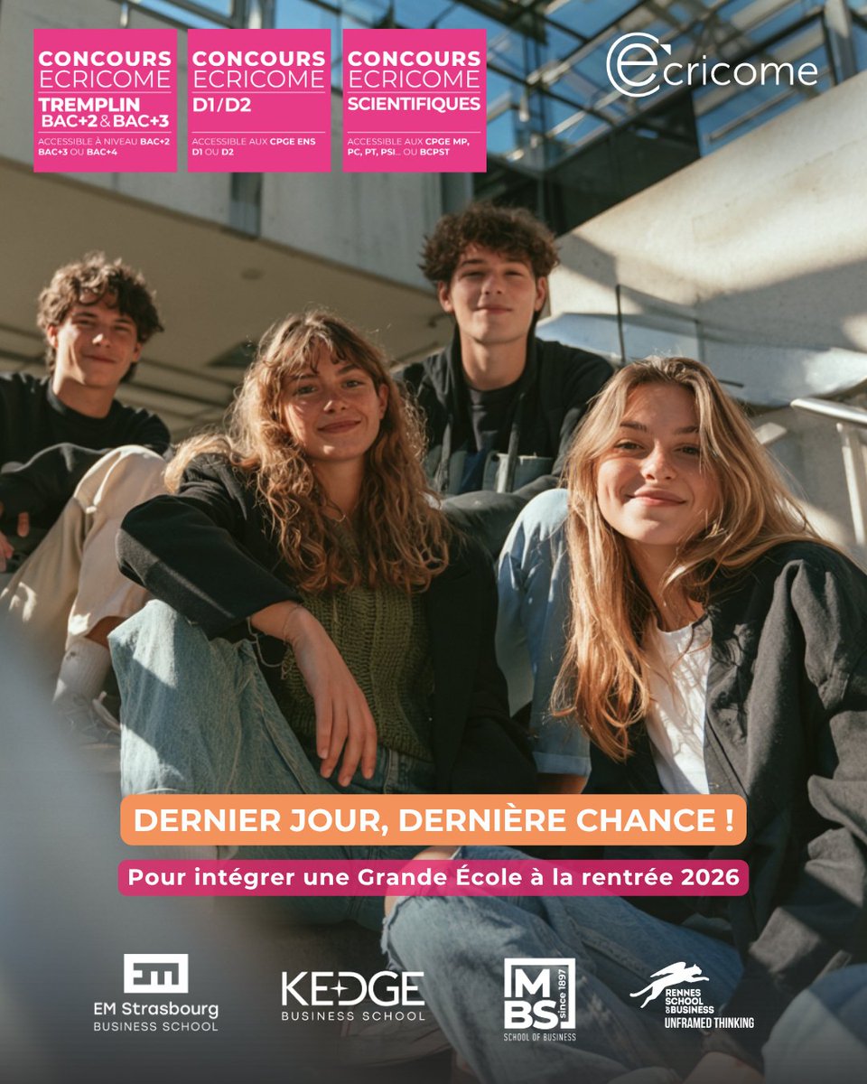 ecricome's tweet photo. 🚨 DERNIER JOUR !
La session complémentaire ECRICOME se clôture aujourd’hui.
🎓 Une dernière chance d’intégrer une Grande École dès la rentrée 2026.
⏳ Ne la laisse pas passer !
👉 https://t.co/RwAcHyRbnh

@EMStrasbourg  @KedgeBS  @MBS_edu  @RennesSB 
 #AdmissionsParallèles https://t.co/zFnES8WvRN