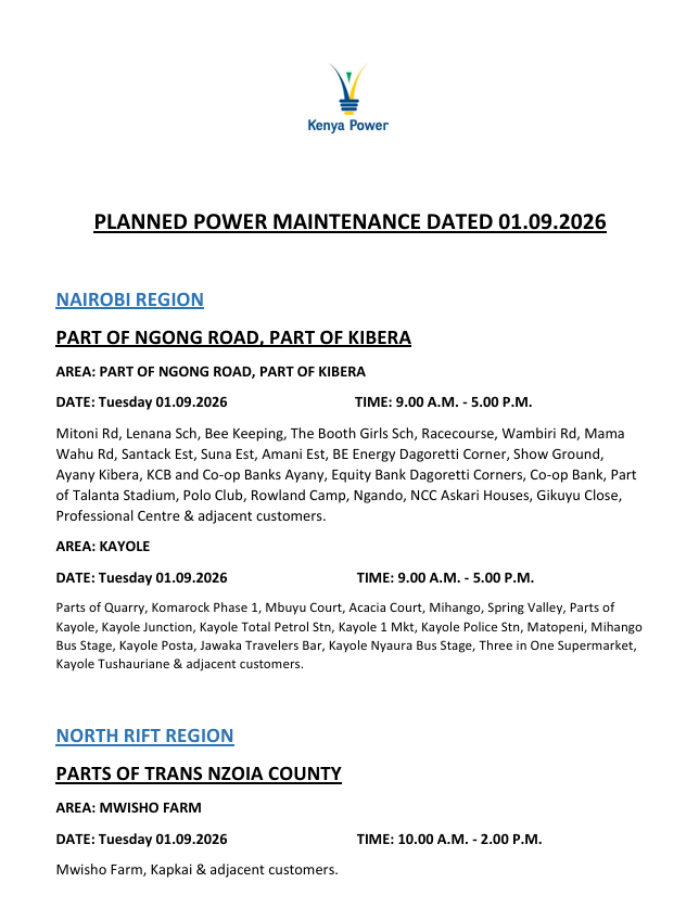 KenyaPower_Care's tweet photo. Good evening,
Please find attached the list of areas scheduled for planned power maintenance tomorrow, 1st September 2026. ^SN https://t.co/a3B0FPE4pW