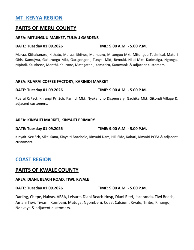 KenyaPower_Care's tweet photo. Good evening,
Please find attached the list of areas scheduled for planned power maintenance tomorrow, 1st September 2026. ^SN https://t.co/a3B0FPE4pW