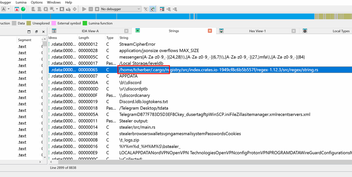 vmray's tweet photo. 🔍 Home path leak in infostealer links developer to ransomware
🔗 Report:
https://t.co/bA5oLoYpNv

The stealer, written in Rust, is called "Zer0day Stealer" and contains the string "/home/tcherber/.cargo/" baked into the binary as part of the build process.

A search for this string reveals earlier versions of the stealer, as well as an unrelated ransomware called "ENIGMA Locker". The developer is also likely behind a remote-control HVNC sample that is often deployed alongside the stealer, as it contains the same home path and has a compilation timestamp within seconds of other related samples.

In general, the compilation times reveal that all found executables were built within the span of a few weeks. The search also uncovered other files: a dropper written in C, another written in Rust, and a PowerShell loader that abuses certutil, all of which drop a variant of the same stealer and HVNC sample.

💡  In a nutshell:

- The stealer exfiltrates data such as crypto wallets and browser credentials
- The HVNC sample comes with a hardcoded password ("Admin@2024") and uses a single-byte patch to hide from AMSI and ETW
- The same home path also appears in the recently discovered "ENIGMA Locker" ransomware
- New versions of the stealer show small changes, ranging from a new C2 address to file-extension-based exfiltration (e.g., Office documents and VPN configuration files), suggesting that the malware is still under active development
- There is also a dropper likely written in C and compiled with GCC, as well as another written in Rust, which contains the same Cargo path and appears to accept optional arguments for a different payload URL
- Another version of the dropper suggests that the developer may have used a different machine to build the samples, as the path has changed to "/root/.cargo"
- C2 interface leaks additional information about cross-platform builds (Windows, Linux and MacOS) and other samples titled “FUD-Crypter”, “Botnet” and “C2 Agent”
- In general, strings like pdb filenames, build paths and other artifacts can leak useful information for attribution or finding related samples
