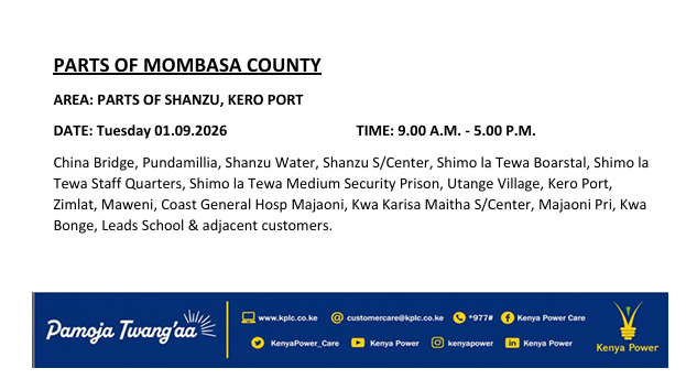 KenyaPower_Care's tweet photo. Good evening,
Please find attached the list of areas scheduled for planned power maintenance tomorrow, 1st September 2026. ^SN https://t.co/a3B0FPE4pW