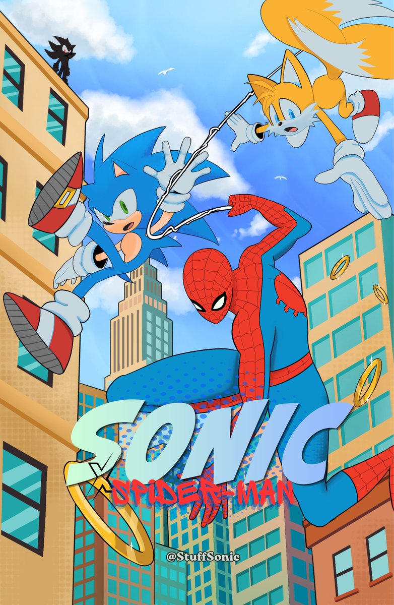 StuffSonic's tweet photo. Part II of my SONIC X SPIDER-MAN mini comic is on the way! And will be posted here on x for you to read! Little sneak peak is on this cover. I'm excited to show you what's in store for Team Sonic and their brand new member Spidey!!!

#sonicthehedgehog  #SpiderMan https://t.co/9UJA15yNPF