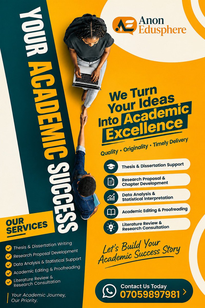 anon_edusphere's tweet photo. You've seen the tips. You've seen the gist. Now here's the service behind the page. 😂🎓
I provide thesis/project writing and academic research support for students.
If you're working on a project and need professional help, my DM is open
07059897981 https://t.co/JtSAdV5sG4