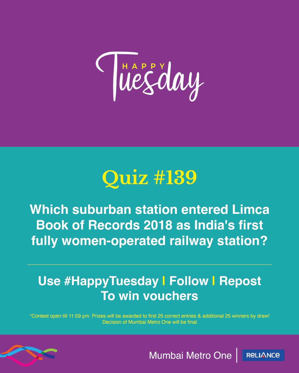 MumbaiMetro01's tweet photo. #HappyTuesday quiz is here! 

The 139th edition is about a feat achieved in July 2017 by a team of 41 women staff led by Station Manager Mamta Kulkarni.

Prizes will be awarded to 50 winners, the first 25 correct entries, and an additional 25 winners by draw.

Follow, Repost and Use #HappyTuesday (all mandatory) to win. 

#ContestAlert #Giveaways #Voucher #MumbaiMetro