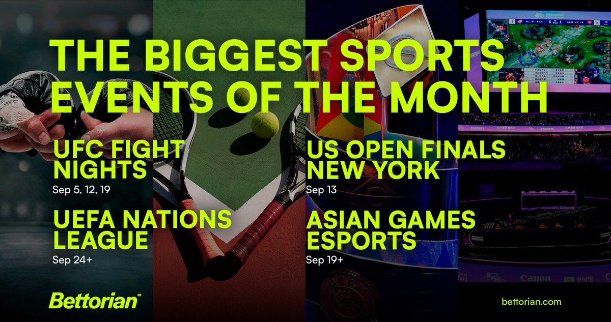 Bettorian_'s tweet photo. September sports calendar. Save this. 🗓️

🥊 UFC Fight Nights - Sep 5, 12, 19
🎾 US Open Finals - New York - Sep 13
 UEFA Nations League - Sep 24+
🎮 Asian Games Esports - Sep 19+

We're opening predictions for every event.
https://t.co/ZcrKq6oEm5

#Bettorian #MakeAStakement https://t.co/xIBtnAJhOR