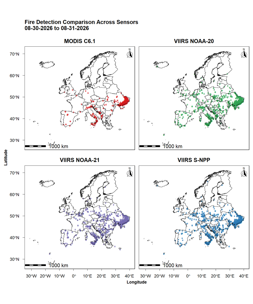 alihassansha12's tweet photo. Satellite-Based Fire Detection Across Europe: MODIS vs. VIIRS Sensors | 30–31 August 2026 🛰️📷 #Wildfire #ClimateChange #RStats #DataVisualization #FireEcology #GeospatialAI #RemoteSensing #MachineLearning #ForestMonitoring #EarthObservation #GIS https://t.co/kYkAc9CgM0
