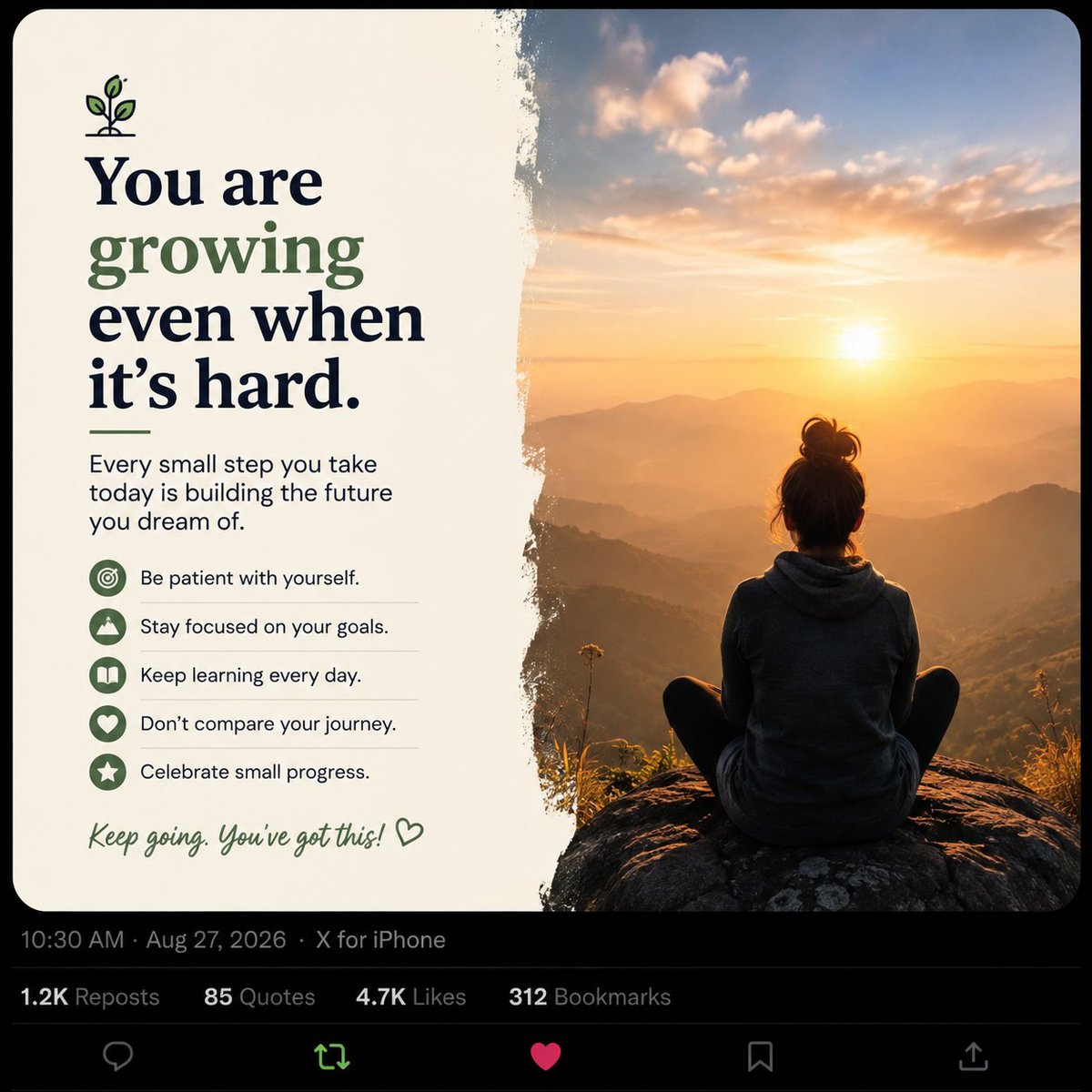 khushiio2b's tweet photo. :

“You are growing even when it’s hard.”

Below it, add:
“Every small step you take today is building the future you dream of.”

style social media footer with repost, https://t.co/voTidYqmd8