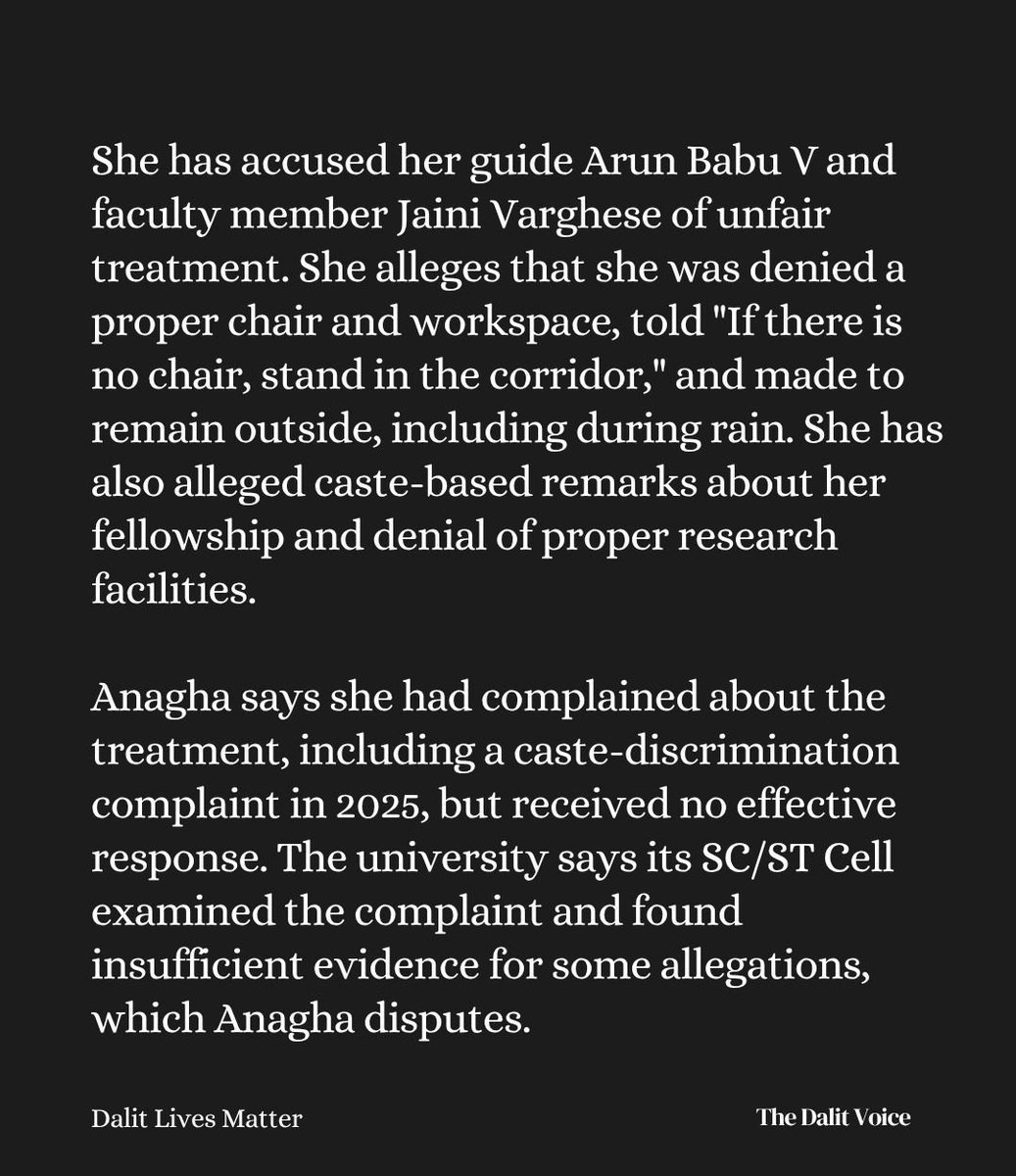 ambedkariteIND's tweet photo. A Dalit PhD scholar, Anagha Shashi, and her mother have been protesting at Kerala’s Thunchath Ezhuthachan Malayalam University since August 14, 2026.

August 31 marks the 18th consecutive day of their protest. They allege caste and gender discrimination, harassment, being forced to undertake non-academic work, and being denied proper opportunities to pursue their research. #DalitLivesMatter
