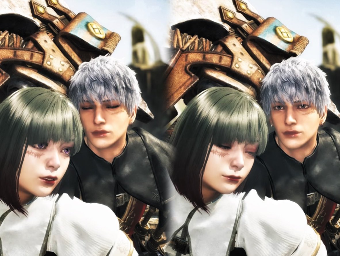 chabanyoka_'s tweet photo. まぁちゃんに許可頂いて同じポーズで！！

なぜか、頭が真横に行かないwww
まぁちゃんペア上手すぎる🥺💕

位置取り上手くなりたい〜！！

#おしどり夫婦遊戯録 
#MonsterHunterWilds https://t.co/KpMl58Tgr6