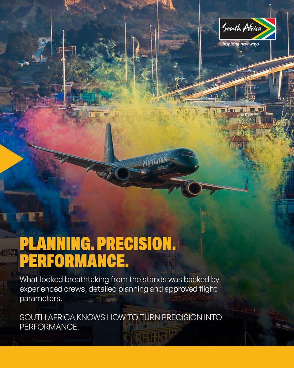 Brand_SA's tweet photo. The spotlight was on South Africa this weekend. 🇿🇦

✈️ The @Fly_Airlink flypast ahead of the @Springboks @AllBlacks Test captured attention locally and internationally, providing an opportunity to celebrate the expertise, precision and capabilities within South Africa’s aviation industry. 

From the people who keep our skies moving, to the infrastructure and expertise supporting the sector, South Africa has a strong aviation story to tell. 🛫

Celebrating the people and industries that contribute to South Africa’s excellence. 🧑🏻‍✈️🧑🏽‍✈️👨🏾‍✈️

📸: Supplied

#BrandSouthAfrica #SouthAfricanExcellence #InspiringNewWays #Springboks
