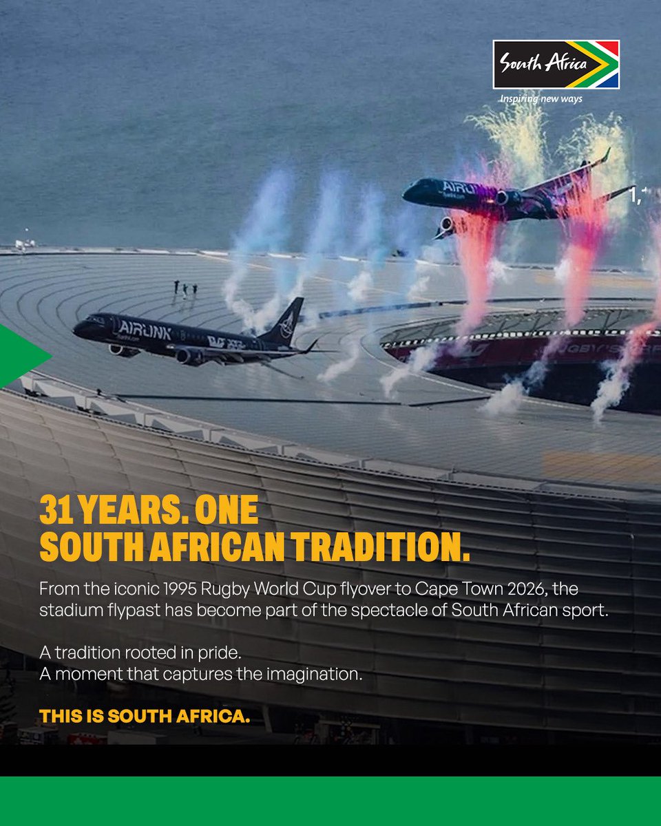 Brand_SA's tweet photo. The spotlight was on South Africa this weekend. 🇿🇦

✈️ The @Fly_Airlink flypast ahead of the @Springboks @AllBlacks Test captured attention locally and internationally, providing an opportunity to celebrate the expertise, precision and capabilities within South Africa’s aviation industry. 

From the people who keep our skies moving, to the infrastructure and expertise supporting the sector, South Africa has a strong aviation story to tell. 🛫

Celebrating the people and industries that contribute to South Africa’s excellence. 🧑🏻‍✈️🧑🏽‍✈️👨🏾‍✈️

📸: Supplied

#BrandSouthAfrica #SouthAfricanExcellence #InspiringNewWays #Springboks