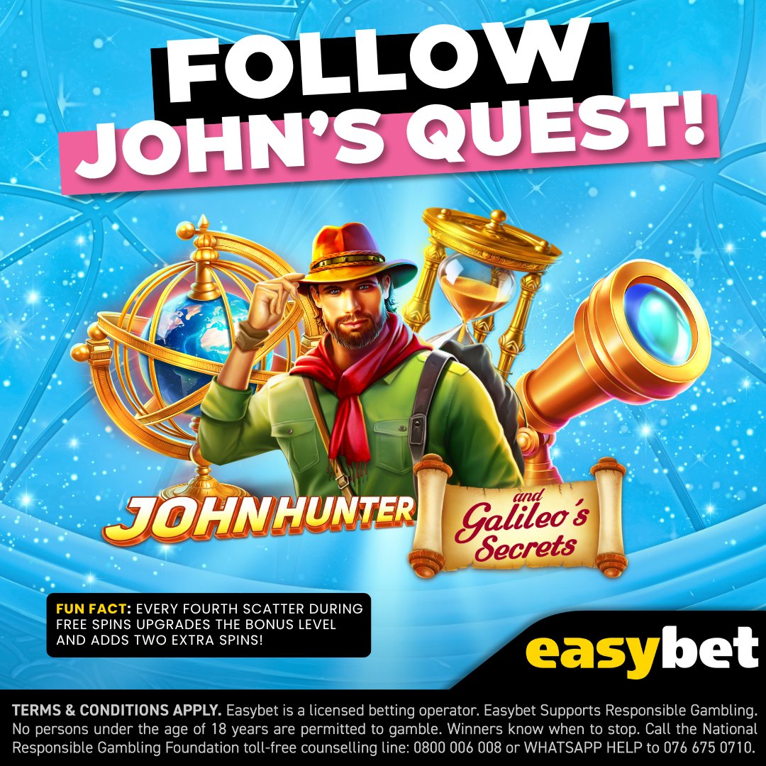 Easybet_SA's tweet photo. 🔭 Uncover Galileo’s Secrets! ✨
Join John Hunter on a journey of discovery packed with Mystery Symbols, Respins and powerful Free Spins. Unlock hidden treasures and chase wins of up to 5,000x!
👉 Play now: https://t.co/1jlzIsaf2I
#Easybet #JohnHunter #GalileosSecrets #CasinoThrills