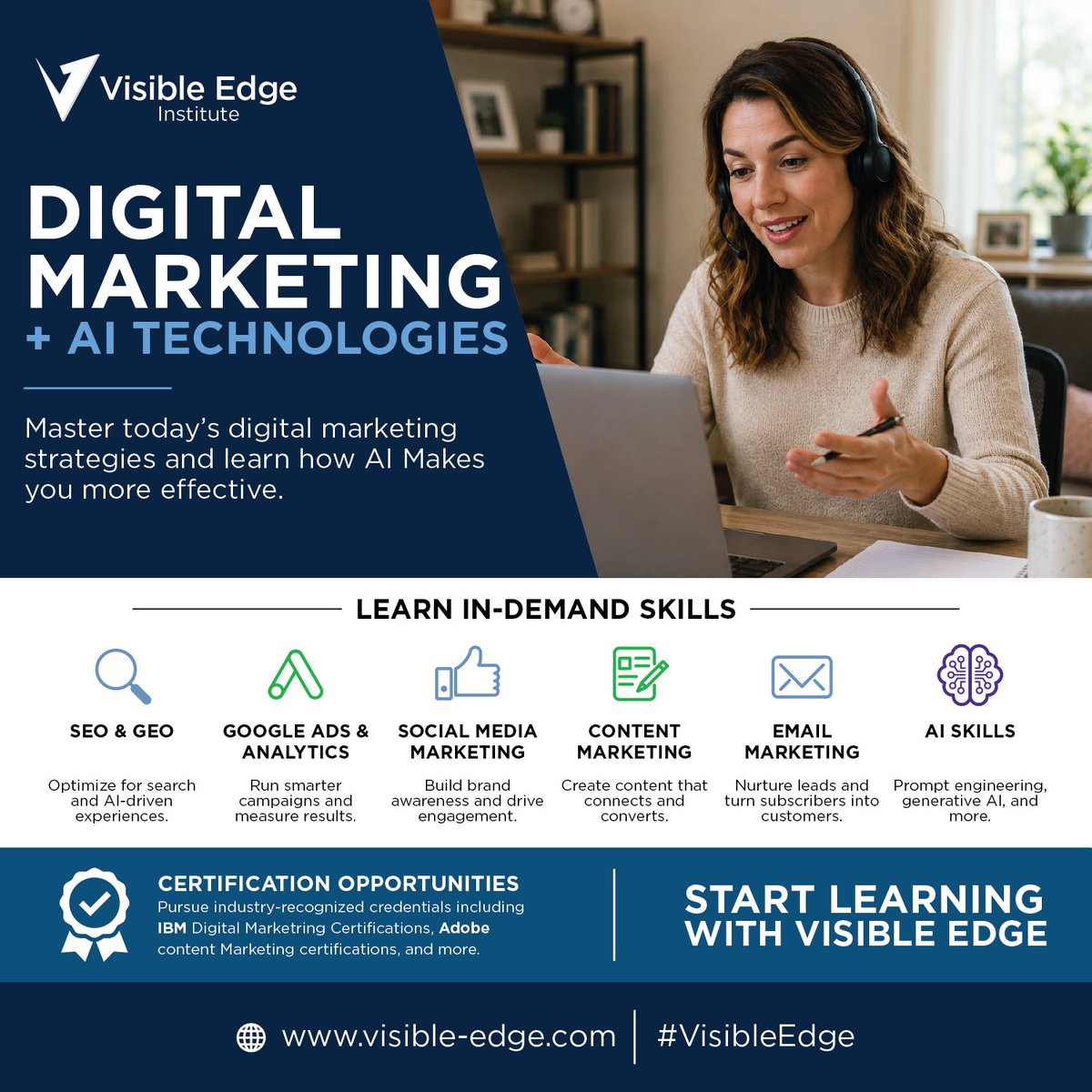 VisibleEdge's tweet photo. 🚀 Prepare for the future of marketing. Develop skills in Google Ads, analytics, SEO, content marketing and generative AI through remote training with Visible Edge. https://t.co/644ABsL8UG #VisibleEdge #DigitalMarketing https://t.co/cSjHdY9heJ