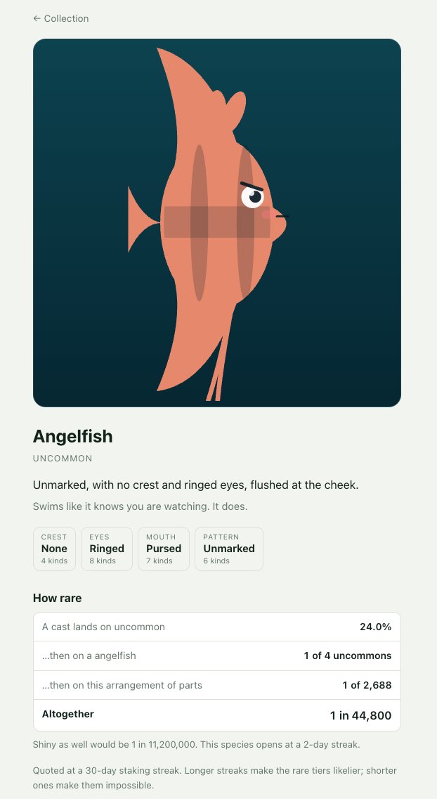 Nimiq_Cafe's tweet photo. Staking rewards patience. Then it shows you a number.

🐟🐠🦈Reef is an aquarium that fills from your real Nimiq staking - one cast per epoch, 17 species, and rarity that comes from how long you've staked, never how much.

Totally free. No token, no NFT.
https://t.co/XW5UENF5Eu

#nimiq #nimiqminiapp #nimiqcommunity #GameOnline