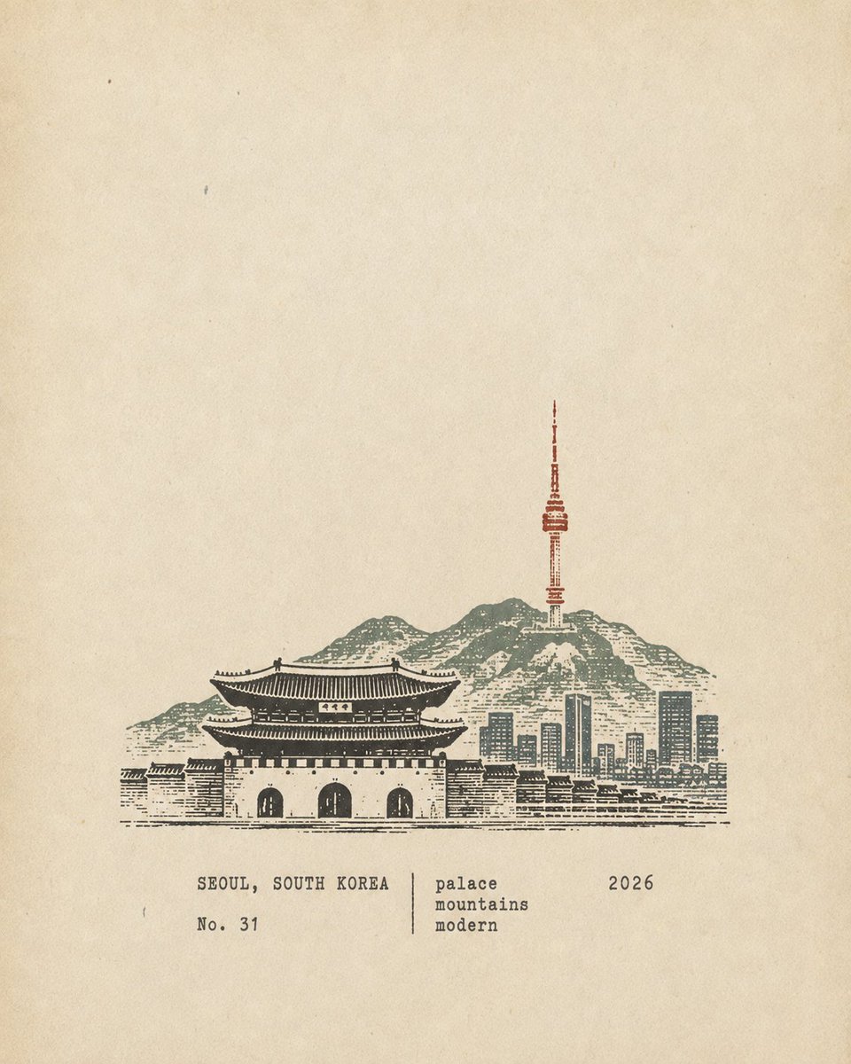 Goodmanprotocol's tweet photo. Rubber stamp travel field notes poster

GPT Image 2

Prompt:
Create one separate poster for each scene. Output each poster individually—never combine scenes or create a collage.

FORMAT
Use a strict 4:5 portrait composition. Cover the entire frame with warm off-white aged paper featuring subtle fibers, natural grain, light wear, and a matte tactile texture. Preserve generous blank whitespace.

STAMP ARTWORK
Create a compact multi-color carved rubber stamp depicting the most recognizable features of the location: distinctive architecture, mountains, terrain, vegetation, roads, shorelines, skyline, or key foreground shapes.

Simplify aggressively. Keep only the visual information needed to instantly recognize the place and scene. Remove crowds, vehicles, repetitive windows, dense buildings, fragmented vegetation, decorative details, and irrelevant background elements.

Place the stamp in the lower-middle, occupying about 30–38% of the frame height, with ample whitespace around it. Keep it compact and understated—not a full landscape illustration, painting, logo, or oversized graphic.

Adapt the composition naturally:

Architecture: distinctive silhouettes, roofs, domes, arches, towers, and main structures.

Mountain settlements: simplified terraced buildings following the terrain.

Coastal scenes: mountains, settlement layers, shoreline, and sparse water marks.

City panoramas: main skyline, one iconic structure, and distant mountains.

Natural landscapes: primary mountains, trees, shorelines, and road directions.

INK & TEXTURE
Use 2–4 muted spot colors, inspired by the scene, such as carbon black, deep green, brick red, ochre, slate blue, or taupe.

Give each color a separate hand-stamped layer with authentic carved-rubber imperfections: engraved marks, uneven lines, chipped edges, dry-ink gaps, paper show-through, granular ink, uneven pressure, ghosting, and subtle 1–2 mm misregistration.

The result must feel like a real rubber stamp pressed onto aged paper, never a smooth vector graphic, filtered image, or digital logo.

TYPOGRAPHY
Generate:

Location: English name

No. [number]

Three short English keywords

Year: 2026

Place the text below or beside the stamp in the whitespace. Use a small, restrained, slightly imperfect typewriter-style font. Keep it minimal, accurate, and documentary.

MOOD
Quiet, tactile, restrained, regional, observational, and collectible—like field notes created by an architect, travel writer, or natural observer.

AVOID
Circular seals, Chinese red stamps, postage perforations, wax seals, stickers, souvenir templates, generic city icons, smooth vector logos, cartoon styles, 3D rendering, glossy gradients, plastic textures, oversaturation, excessive detail, excessive text, and decorative clutter.
