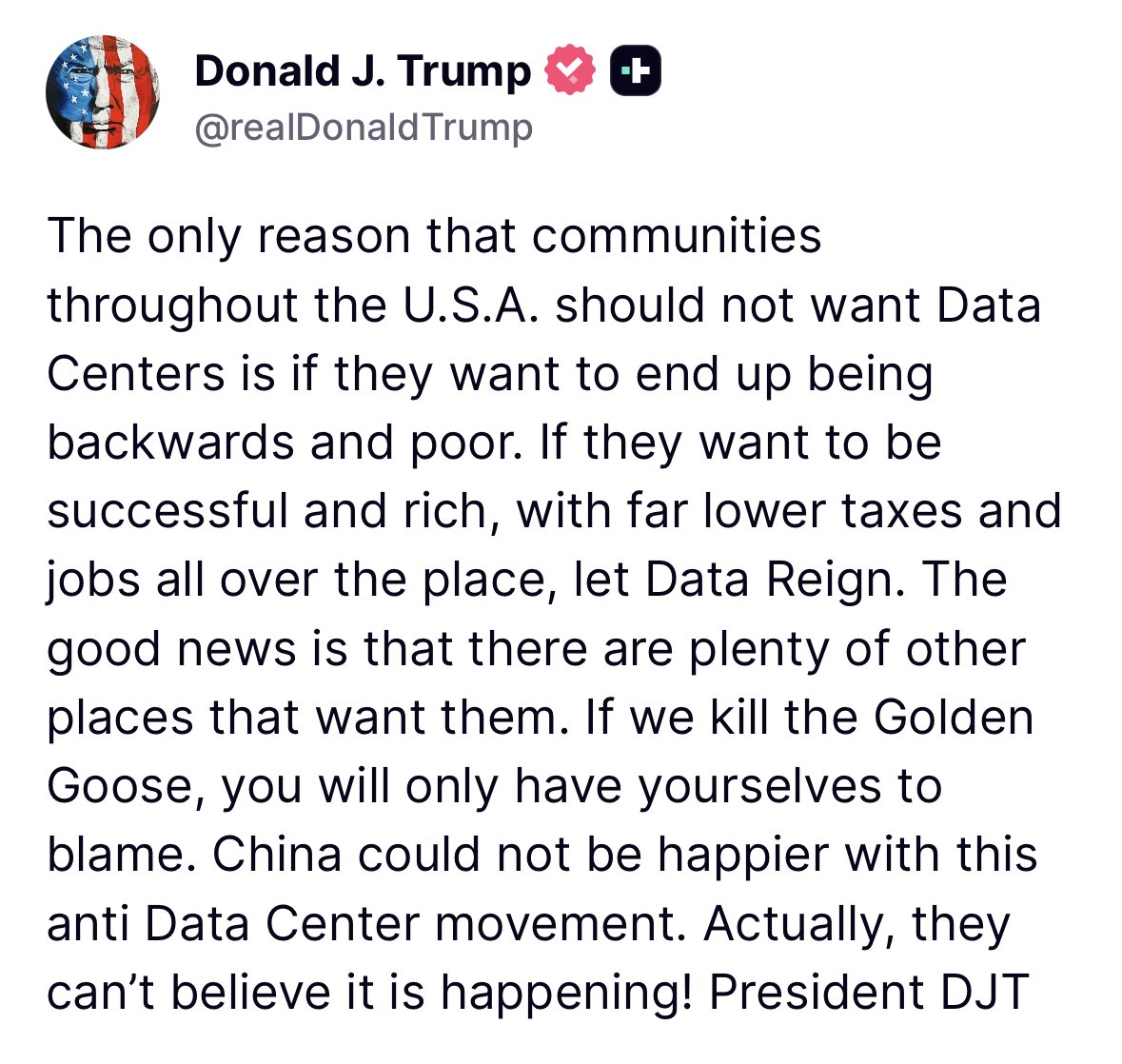 realDailyWire's tweet photo. TRUMP: "The only reason that communities throughout the U.S.A. should not want Data Centers is if they want to end up being backwards and poor." https://t.co/If9BdcgOtq