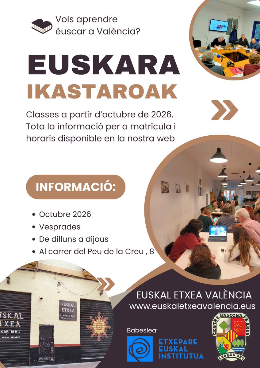 Laurakbat1's tweet photo. 🌀MATRIKULA ZABALIK🌀
Ja està oberta la inscripció per als nostres cursos d'èuscar. I amb ells, l'oportunitat d'acostar-vos a la llengua i a la cultura basques. 
💥ANIMA ZAITEZTE!  

#EuskaraIkasi #EuskaraBesarkatu #EuskarazBizi #Euskaraz #ValentzianEuskaraz #EuskalEtxeaValencia https://t.co/gfpbmHw0Mi