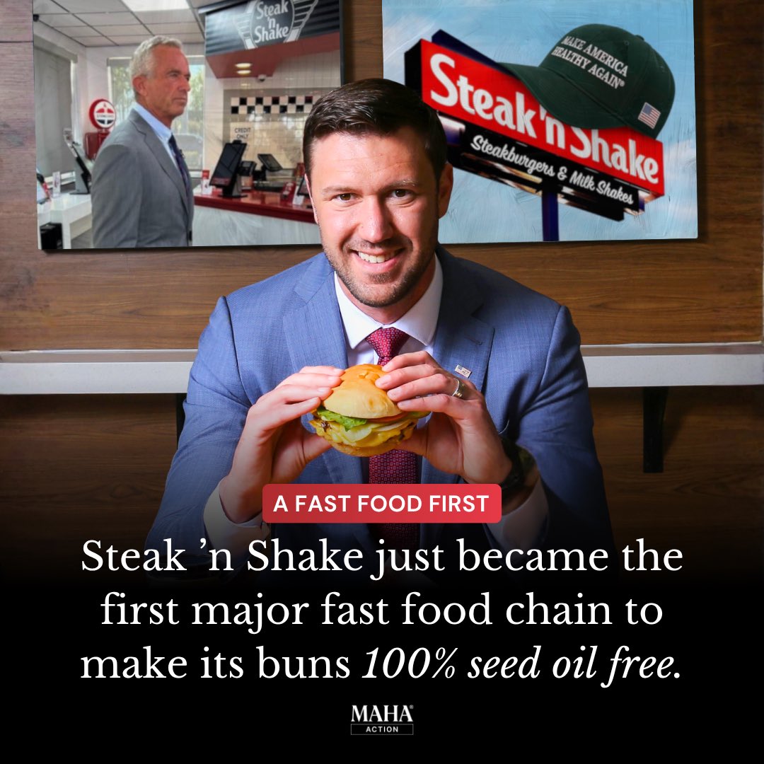 MAHA_Action's tweet photo. Steak ’n Shake is becoming the first major fast food chain to make its buns seed oil free.

Starting October 5, its buns will be “unapologetically drenched in pure Grade AA Wisconsin butter.”

After eliminating seed oils from its fries, the chain is pushing even further toward Real Ingredients.

The market is speaking. 

Americans want healthier, seed oil free options.

Now it’s time for the rest of fast food to catch up.

@SteaknShake