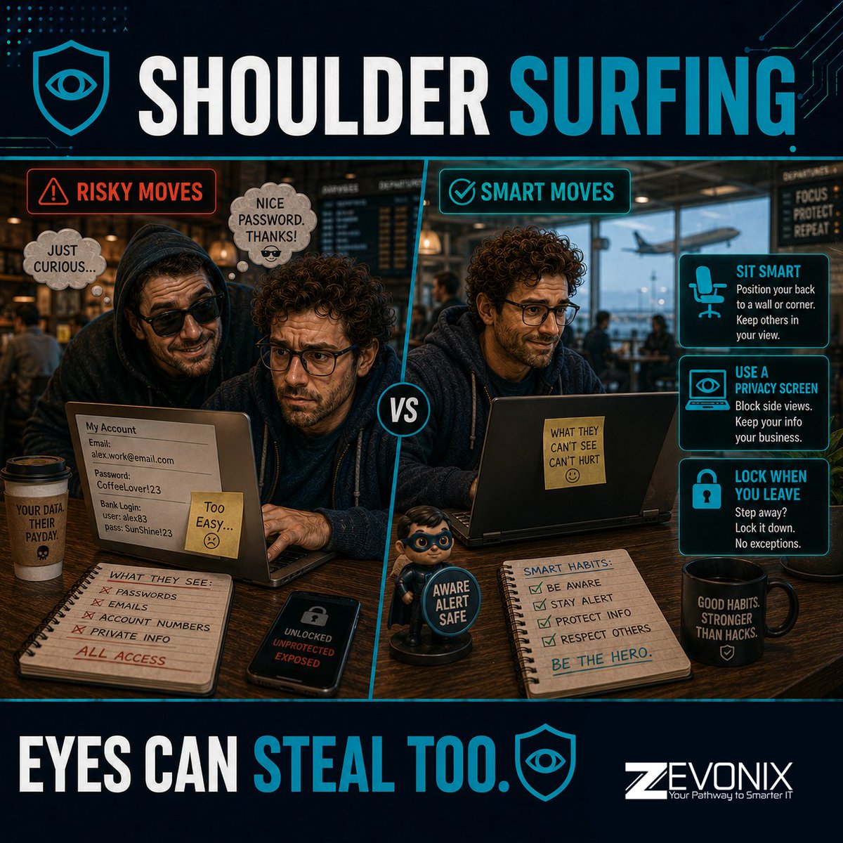 Zevonix_IT's tweet photo. Shoulder surfing is real. Protect screens and passwords from nearby eyes. https://t.co/jjpSsFaRaG https://t.co/AqAemc4e9d