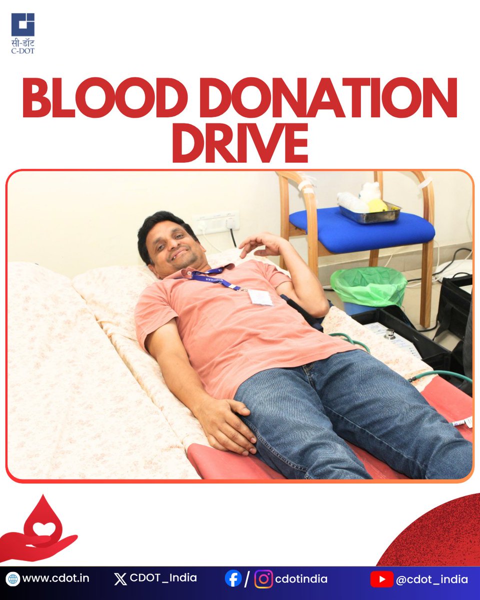 CDOT_India's tweet photo. When purpose meets people, change begins!

@CDOT_India  Bengaluru office recently organized a #BloodDonationDrive, reflecting our deep commitment to community welfare and #social responsibility.

The drive turned into a powerful expression of #unity and #compassion, with employees coming together to support a cause that truly saves lives.

From engineers to administrators, our employees showed that giving back isn’t just a value - it’s a culture we live by.

This initiative reaffirms our commitment to social responsibility and reminds us that small acts of #kindness can make a big impact.

#Gratitude to every donor and volunteer who made this possible. 
You don’t just give blood- you give life.

@DDNewslive @PIB_India @DoT_India @JM_Scindia  @PemmasaniOnX @rkupadhyay 

#BloodDonationDrive #SocialImpact #CommunityWelfare #DonateBloodSaveLives #BengaluruEvents #CSR