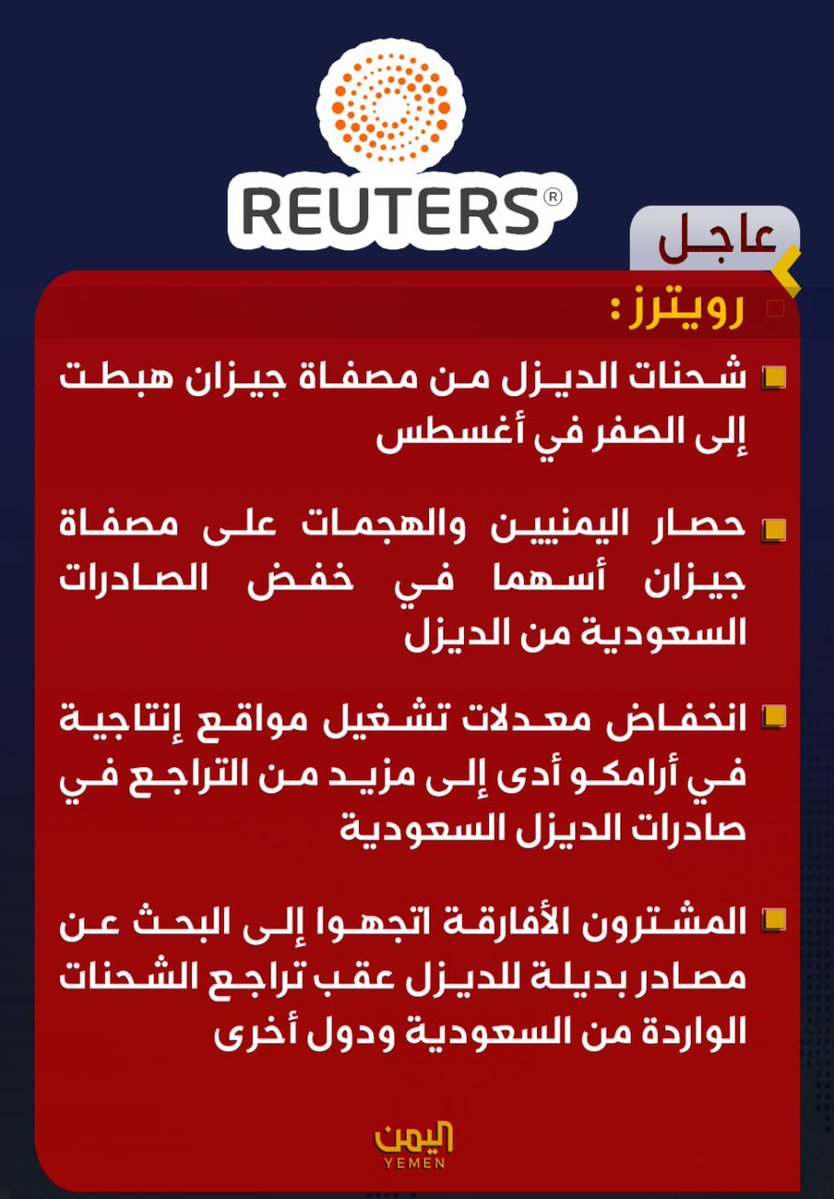 Nasr_Amer1's tweet photo. عاااااجل

رويترز عن بيانات كبلر: 

- شحنات الديزل من مصفاة جيزان هبطت إلى الصفر في أغسطس

-  حصار اليمنيين والهجمات على مصفاة جيزان أسهما في خفض الصادرات السعودية من الديزل https://t.co/B0rmP3WSlv