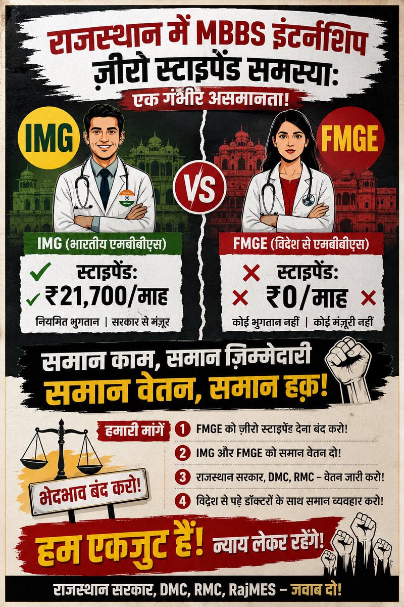 rishu_tanwar_'s tweet photo. राजस्थान में FMGE Interns को ₹0 Stipend, लेकिन Registration Fee ₹10,000?
FMGE पास डॉक्टर राजस्थान के सरकारी मेडिकल कॉलेजों में अन्य interns की तरह ही मरीजों की सेवा और ड्यूटी कर रहे हैं, लेकिन Stipend = ₹0।
वहीं Rajasthan Medical Council की fee structure में Foreign Institution के लिए: 🔹 Provisional Registration — ₹10,000 + 18% GST
🔹 Permanent Registration — ₹10,000 + 18% GST
जबकि सामान्य Provisional Registration ₹2,000 और Permanent Registration ₹4,000 है।
समान काम के लिए ₹0 stipend और registration के समय कई गुना अधिक fee क्यों?
@NMC_IND @RajGovOfficial @RajasthanGovt
FMGE interns के साथ यह भेदभाव समाप्त किया जाए।
हमें विशेषाधिकार नहीं, समानता चाहिए।
#FMGE #FMGEInterns #Rajasthan #StipendForFMGE #EqualStipend #rajmes#FMGEStipend