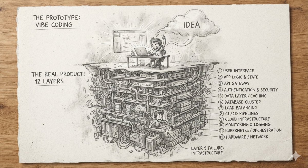_mdasifraza's tweet photo. Vibe coding is incredible for validation.
It can turn weeks of work into hours.

For a production-ready product needs.
↳ Infrastructure
↳ DB
↳ Caching
↳ Queues &amp; async jobs
↳ Security
↳ Scaling

No need to build all of these on day one.
But you do need to know they exist. https://t.co/PpbJOd2Zix