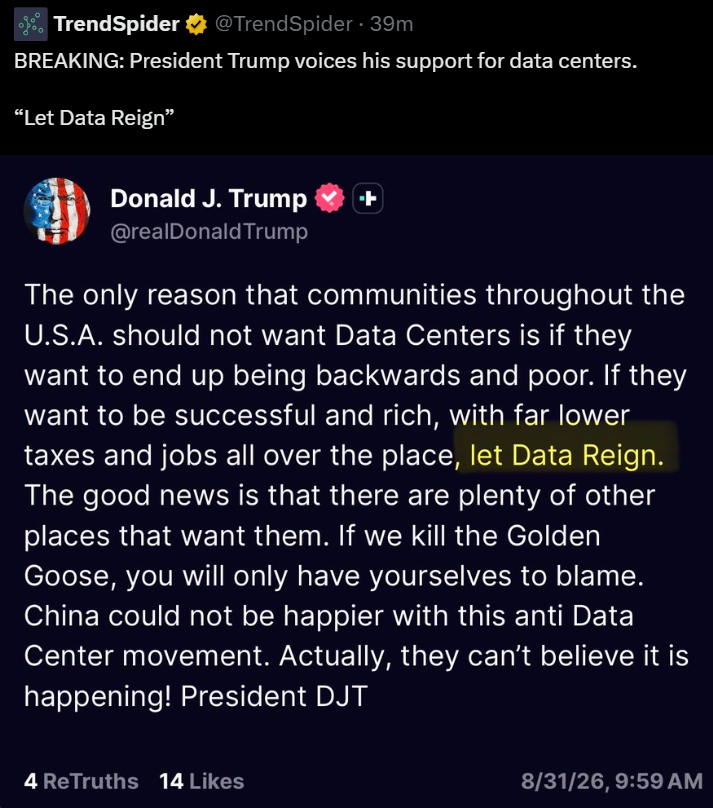 StockTalkMax's tweet photo. Trump发文敦促美国各地大力支持兴建数据中心以提振经济和税收，并警告抵制建设不仅会错失红利，还会让竞争对手中国坐收渔翁之利。#美股 #存储 #mu https://t.co/3Zns2yUrBS