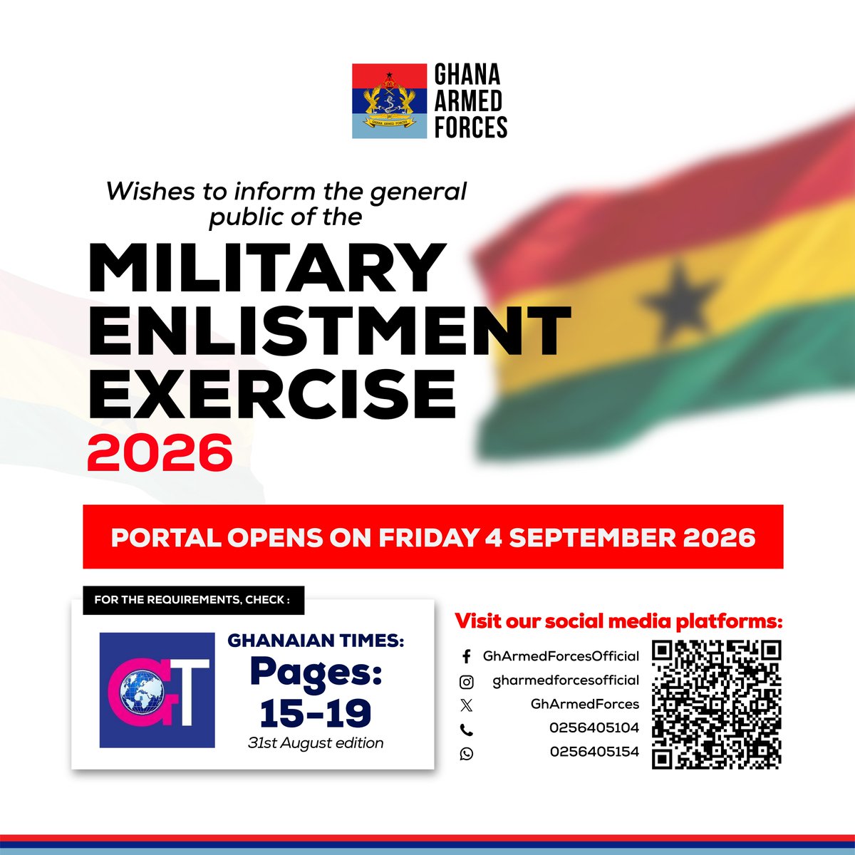 GhArmedForces's tweet photo. The GAF 2026/2027 Enlistment Exercise has commenced.

The public is advised to beware of scammers and rely only on information published through the verified social media platforms of GAF.

Instagram

https://t.co/Qf5OCkiyPa

Facebook
https://t.co/tti2FMvqZ6

X
https://t.co/NjryYpzQQD

WhatsApp Channel
https://t.co/H9grd8TFSO

Tik Tok
https://t.co/MxhTYE6501