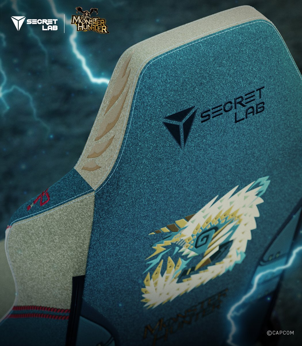 secretlabchairs's tweet photo. The first-ever Secretlab SoftWeave® Plus Fabric chair in the collection, the TITAN Evo Monster Hunter Zinogre Edition calls to mind the electric mane of the fanged wyvern. Red rope detailing and spike motifs mirror the armor crafted from this beast: https://t.co/TJdriUnKFV

#MonsterHunter #Zinogre